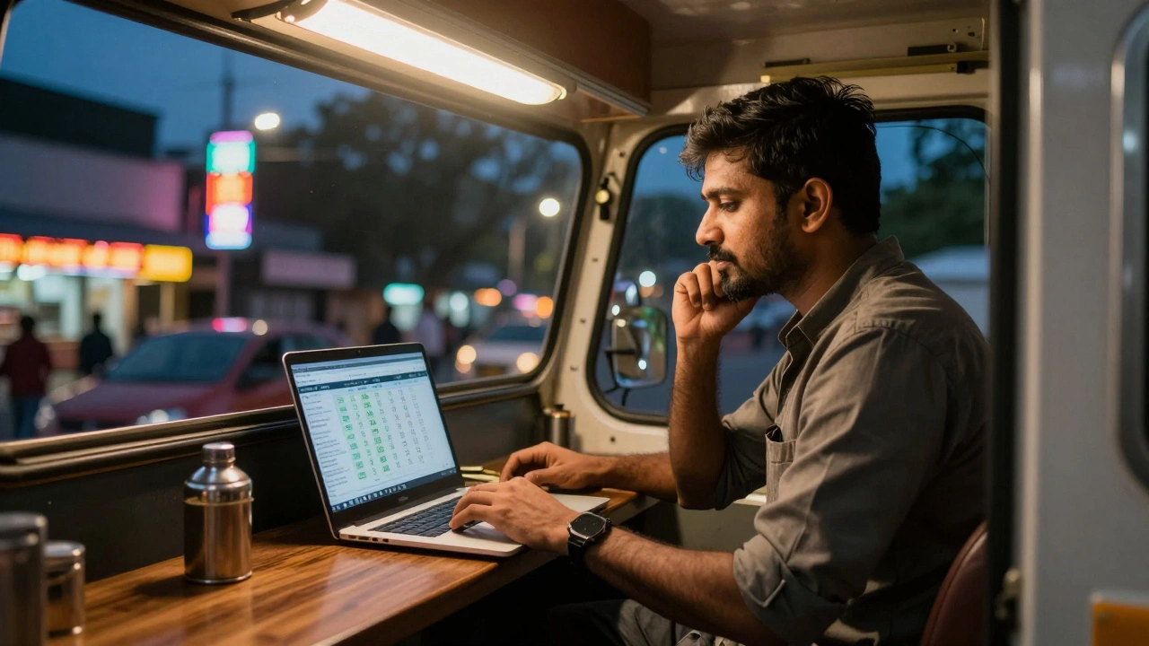 Food truck owner reviewing daily sales profits inside the cab at night
