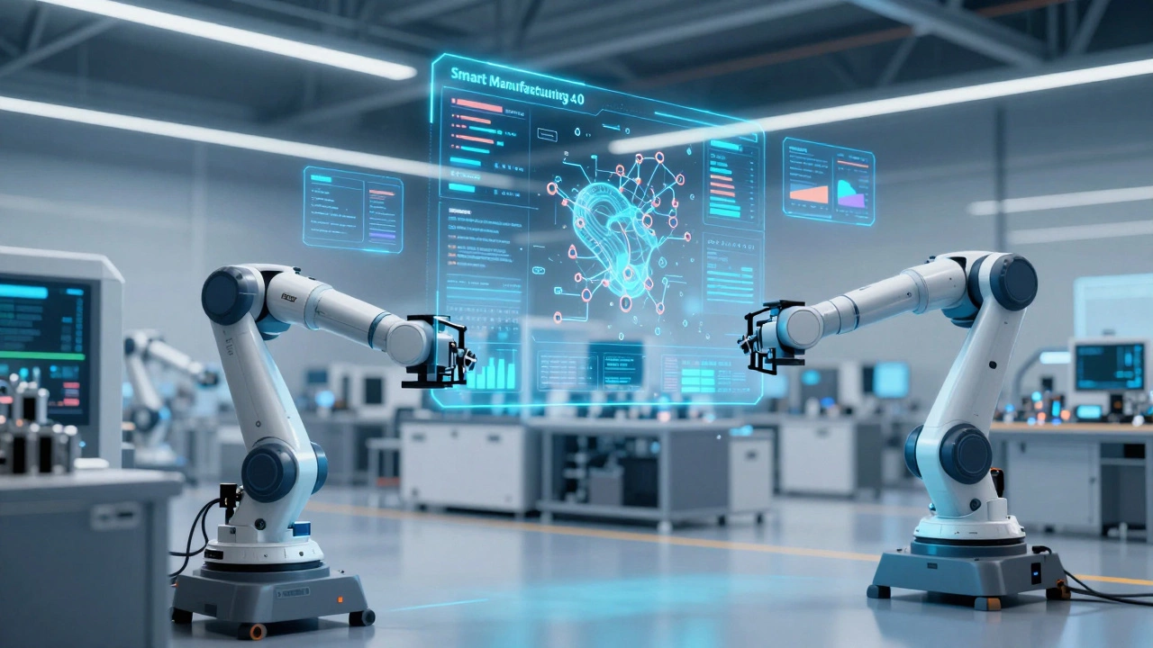Futuristic smart factory with holographic data and autonomous robots