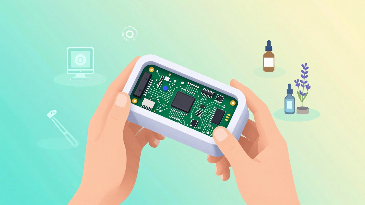Hands holding custom eco-electronics case with repair tools
