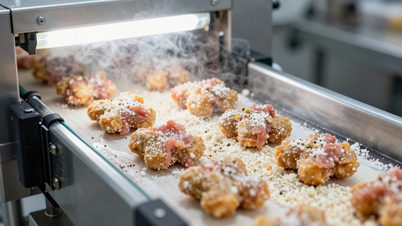 Industrial factory assembly line processing chicken nuggets with additives and preservatives