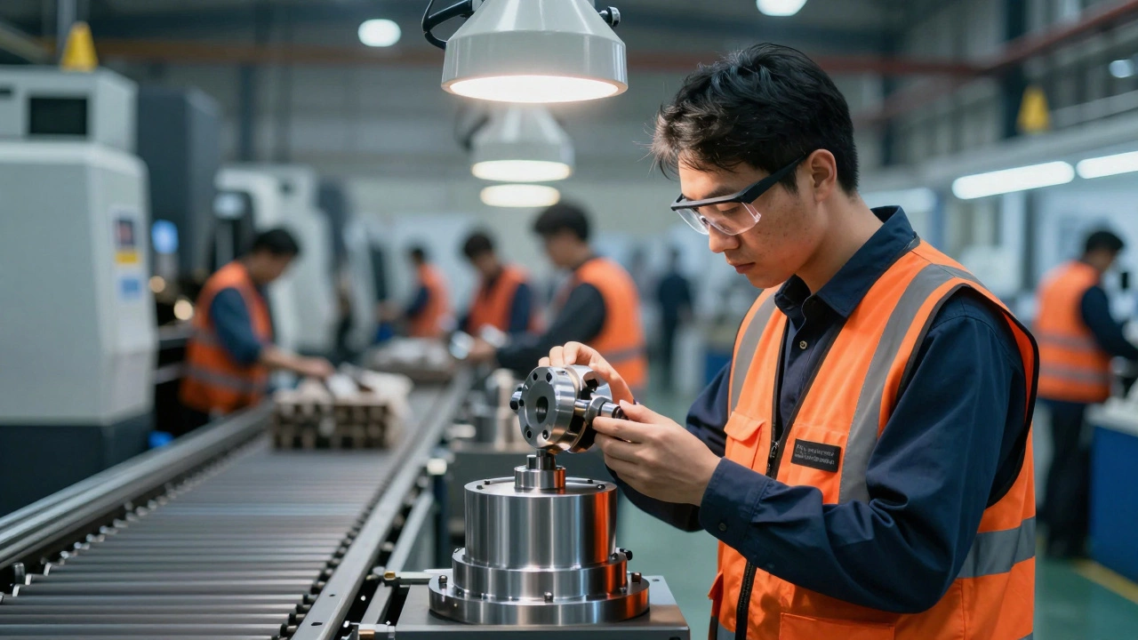 Inspector checking quality of manufactured parts