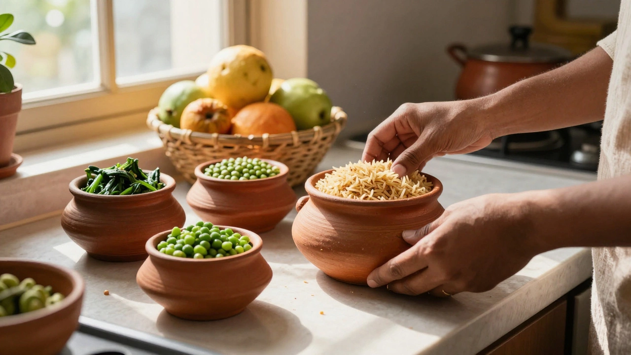 Person cooking healthy meal with whole grains and fresh vegetables in a sunny kitchen