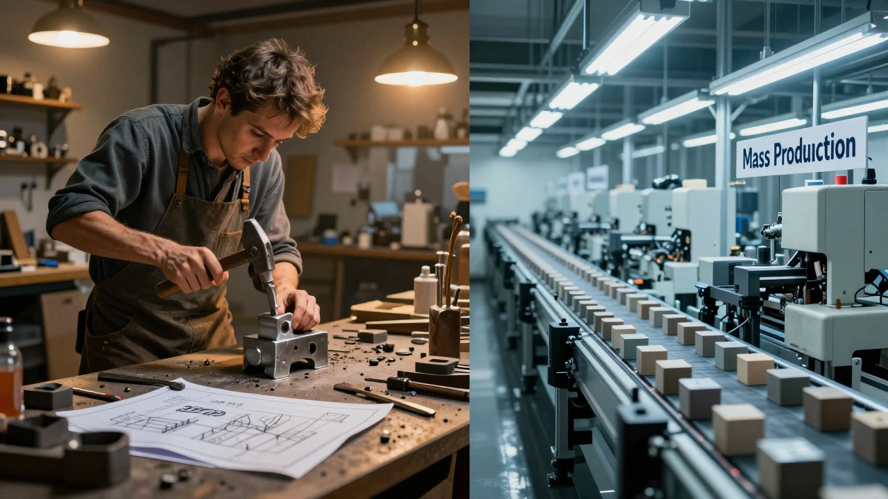 Split view contrasting custom craftsmanship with automated mass production