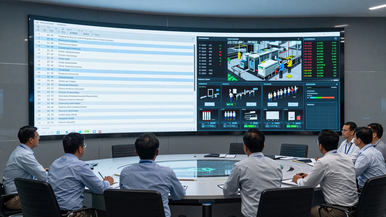 Team analyzing integrated production data on a holographic display in a smart factory