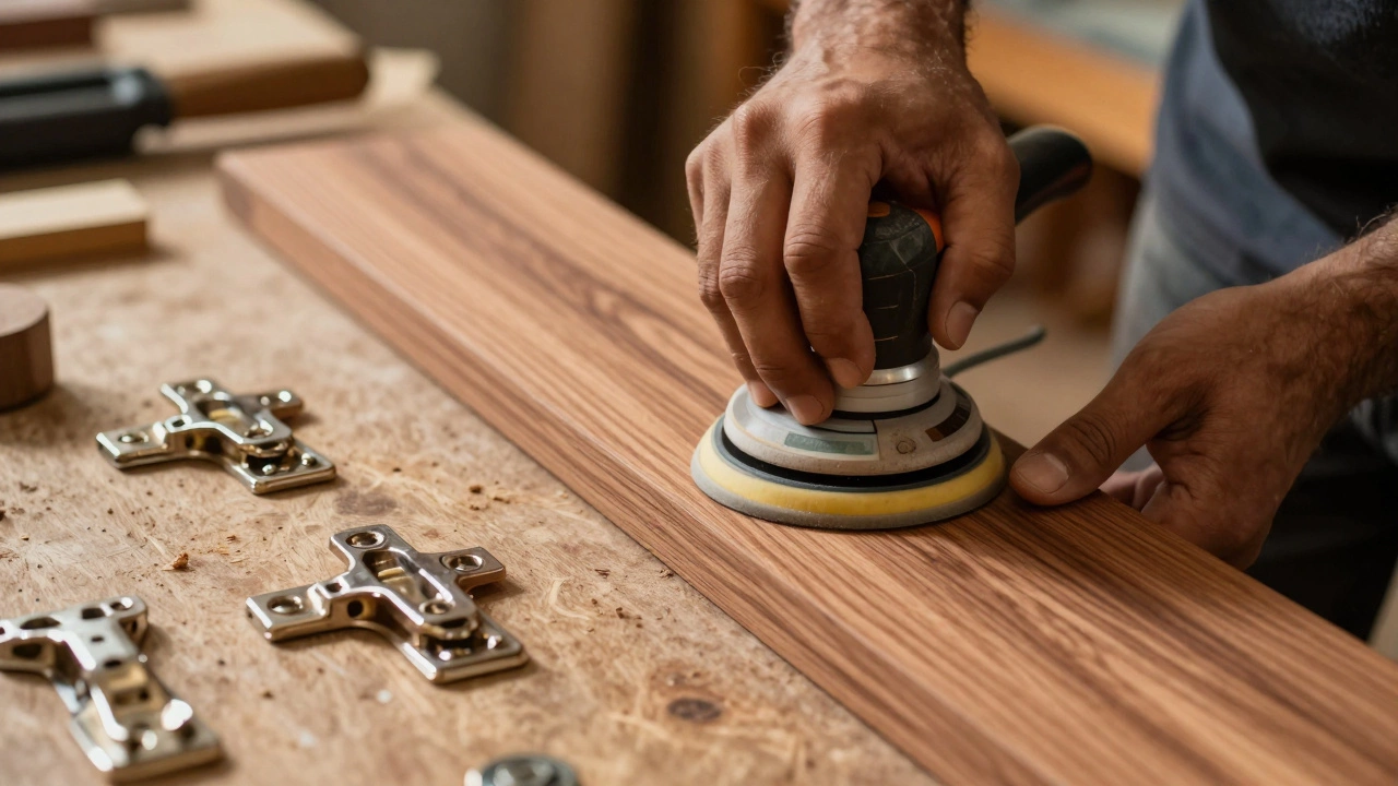 Carpenter sanding teak wood with hardware parts nearby