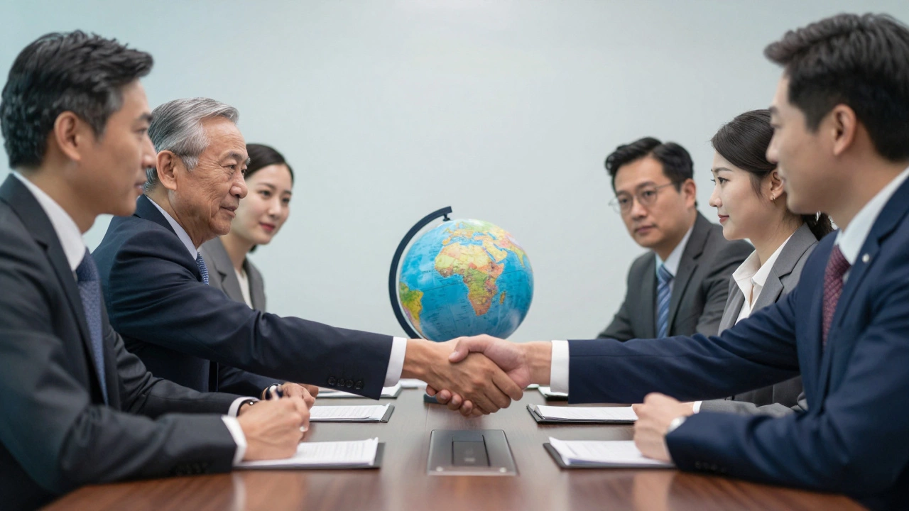 Corporate executives negotiating a major steel industry merger in a boardroom