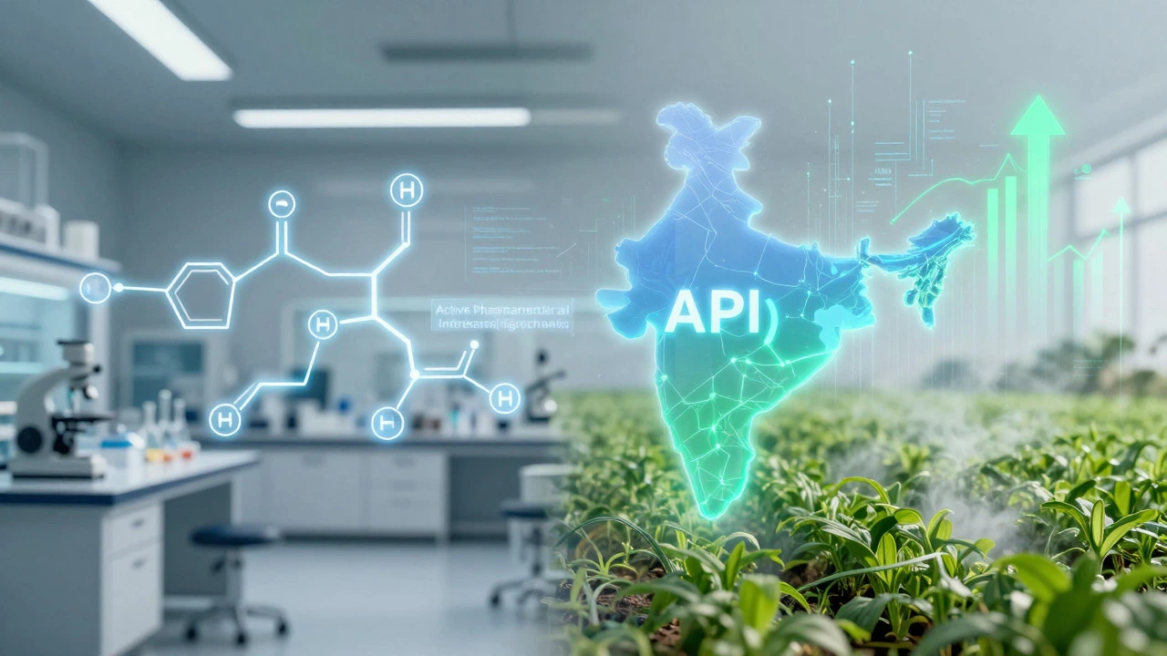 Digital art showing APIs and agrochemicals driving India's industry rank