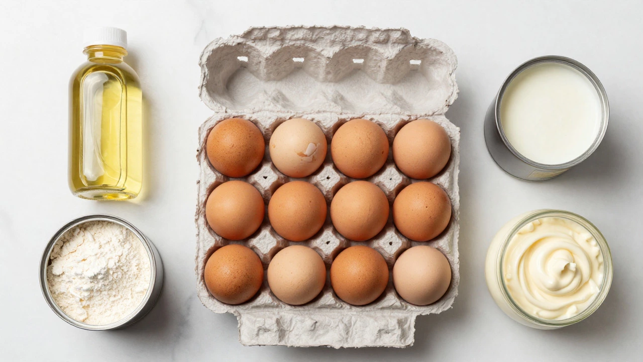 Flat lay of whole eggs, liquid eggs, and mayo