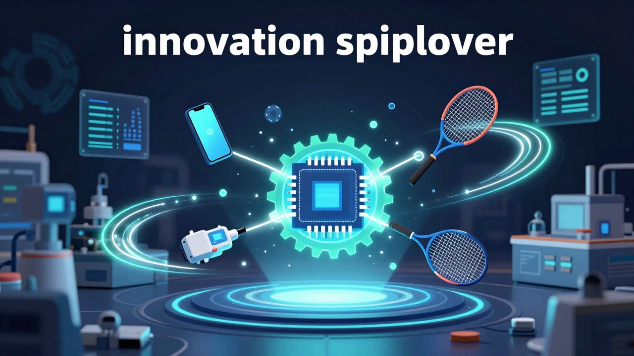 Glowing chip transforming into devices illustrating innovation spillover from manufacturing