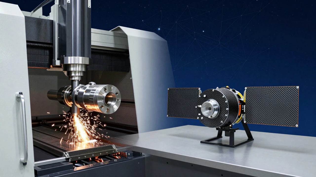 Precision machining of titanium aerospace parts alongside carbon fiber components.