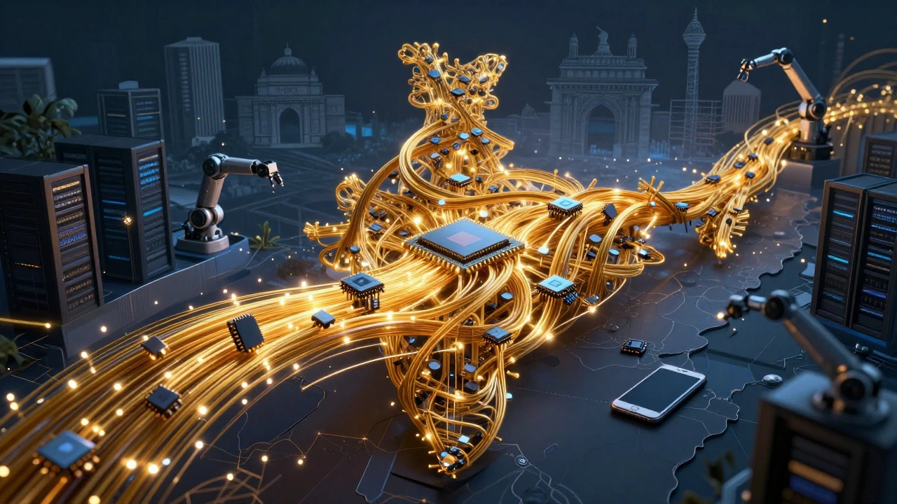 Abstract map of India with fiber optics turning into microchips and smartphones
