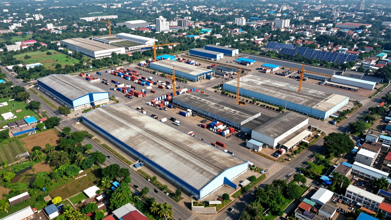 Aerial view of industrial complexes and solar panels in the Chennai electronics hub