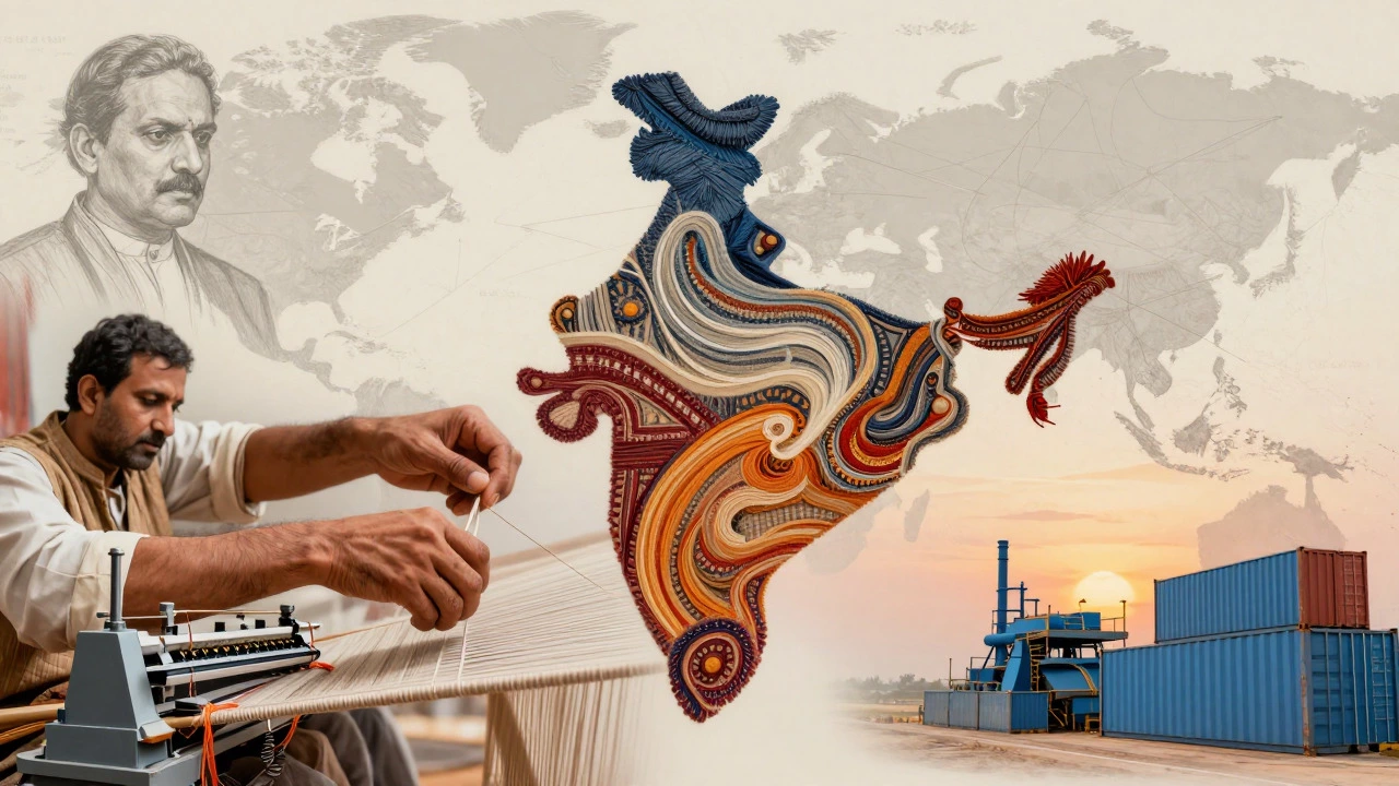 Artistic collage of hands weaving a handloom transitioning to modern industrial elements