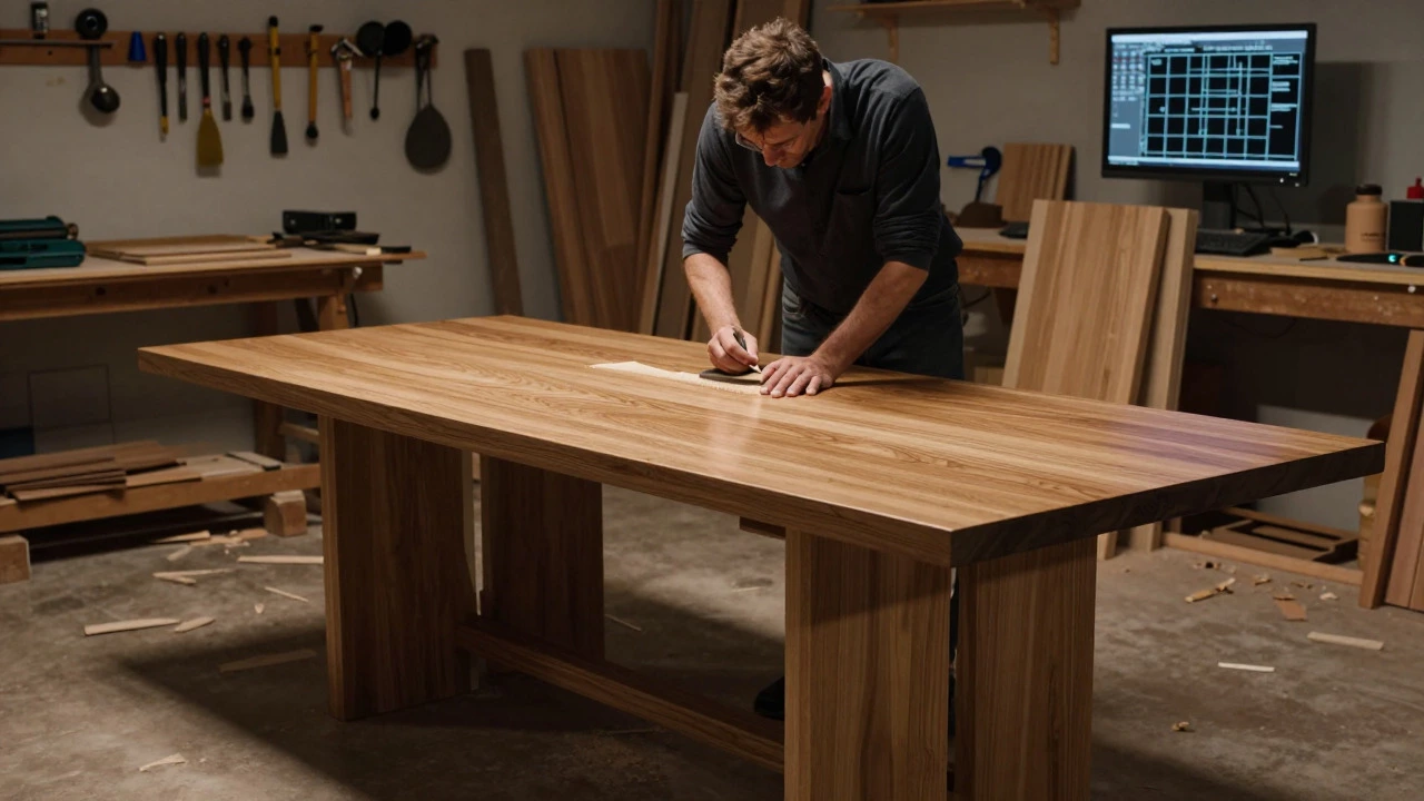Carpenter sanding a custom oak dining table in a woodworking shop