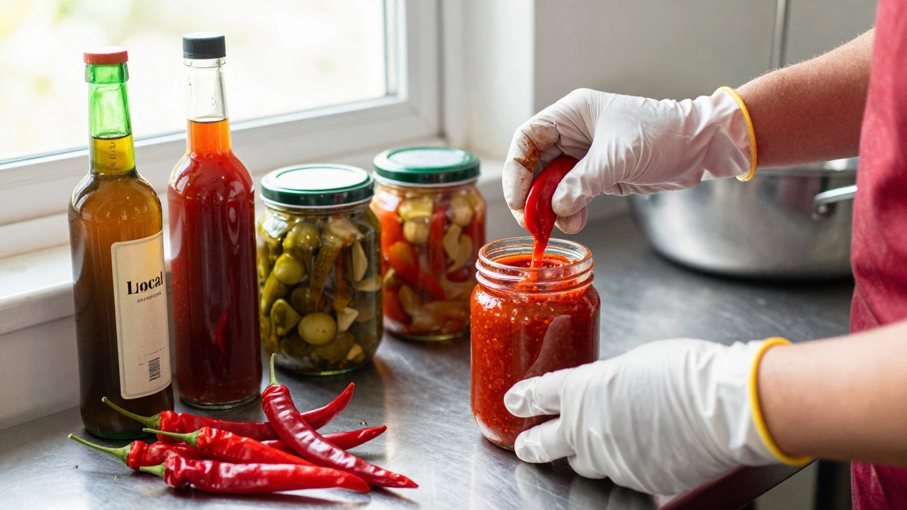 Close-up of fresh chilies and bottled hot sauce in a food processing kitchen