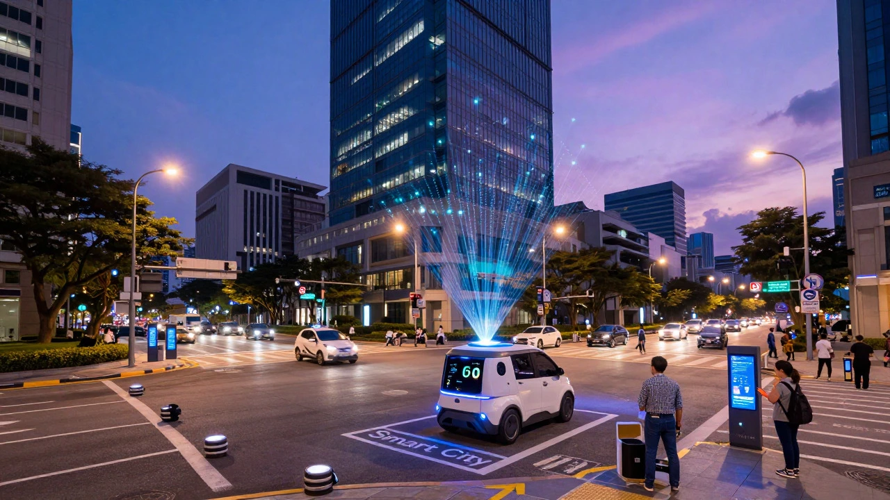 Futuristic smart city street with IoT sensors, autonomous cars, and data streams