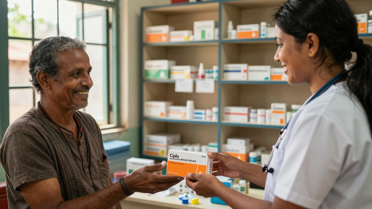 Healthcare worker handing respiratory inhalers to a patient