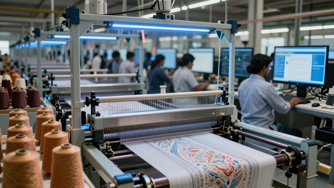 Modern automated looms weaving fabric in a high-tech Indian textile mill