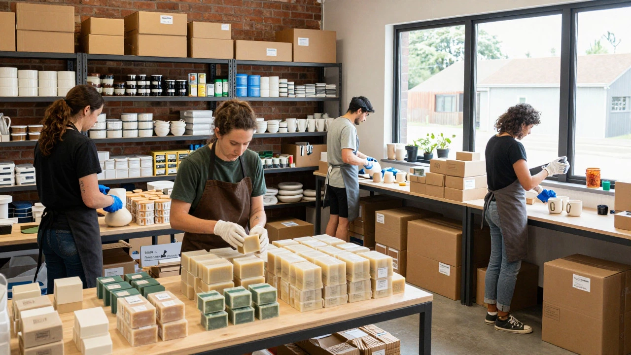 Small business owners packaging and checking goods in a home-based manufacturing studio.