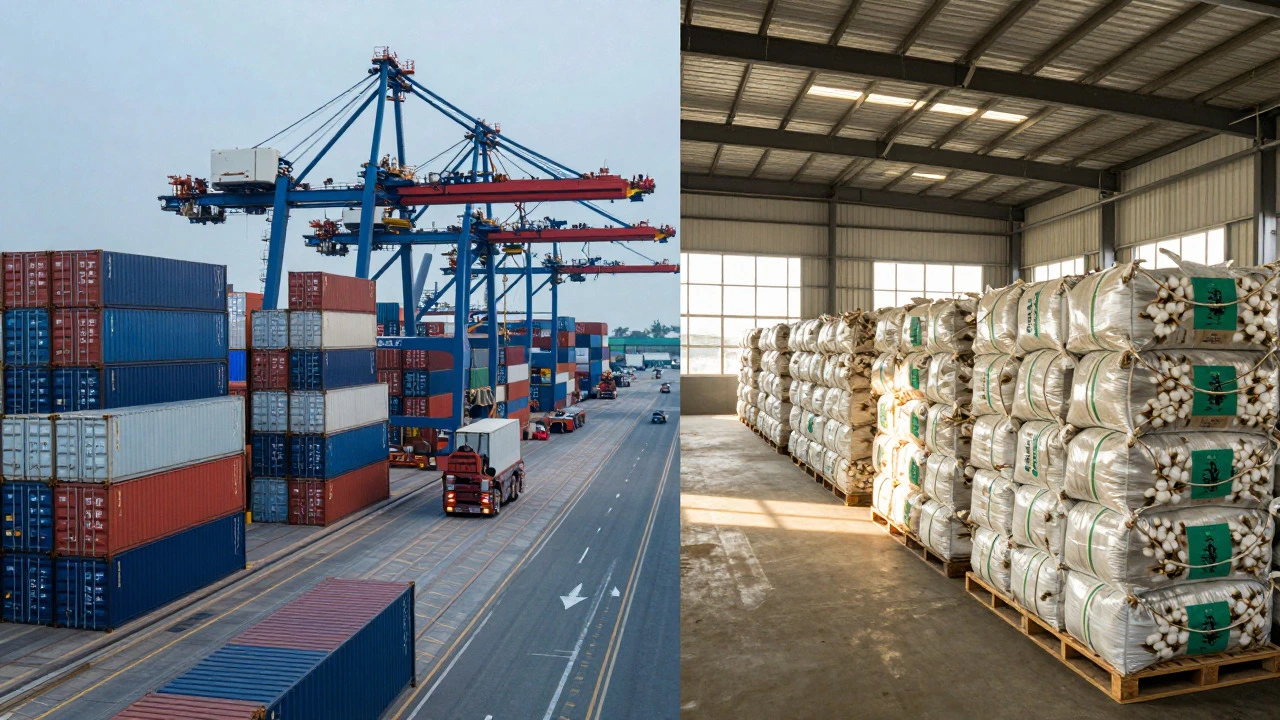 Split view contrasting busy Chinese shipping ports with sustainable Indian warehouses