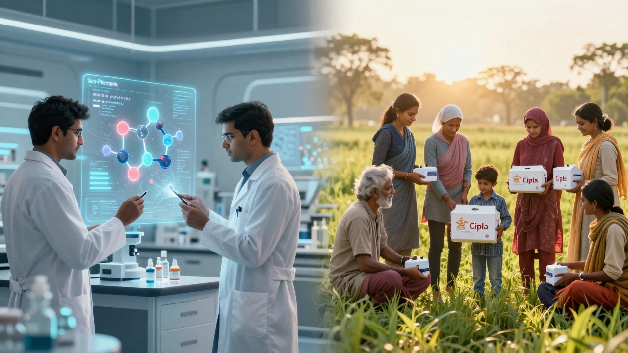 Split view of high-tech lab research and community medicine distribution