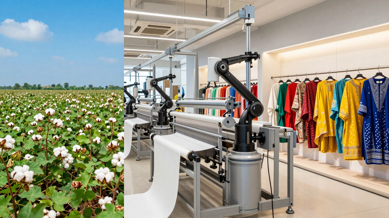 Visual representation of textile supply chain from cotton fields to retail stores