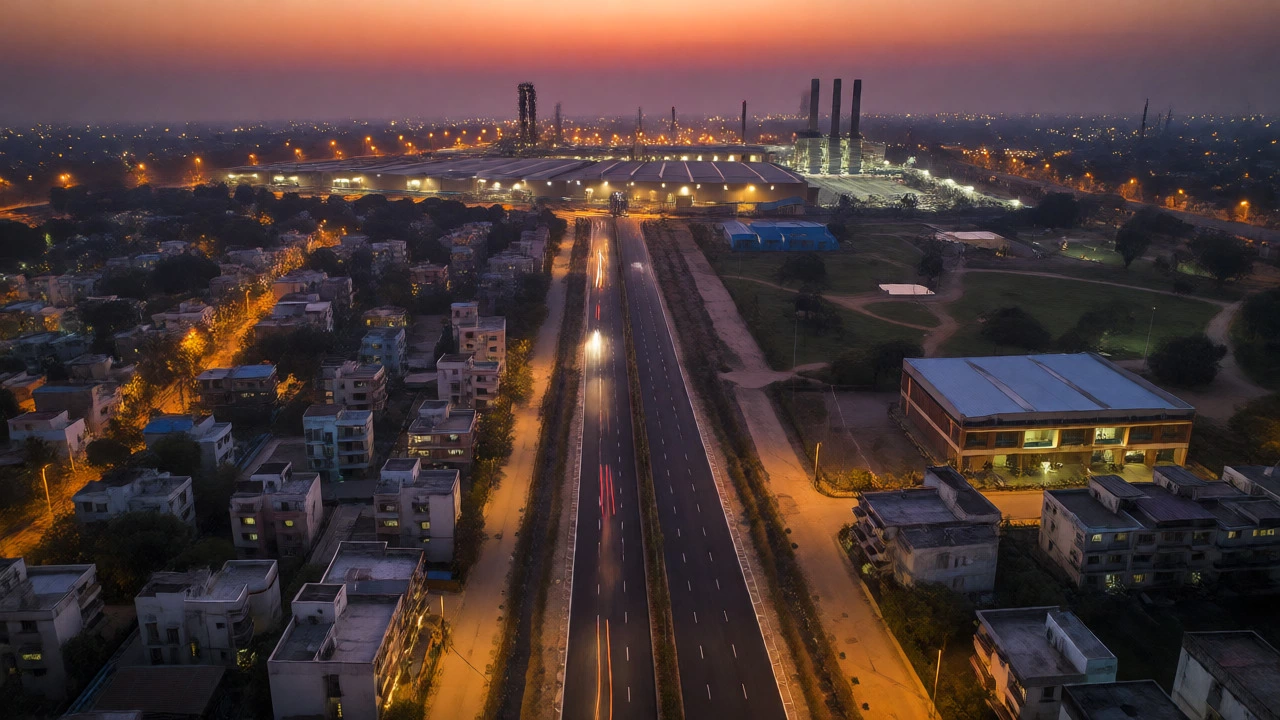 Aerial view of industrial roads connecting factories to residential areas at dusk