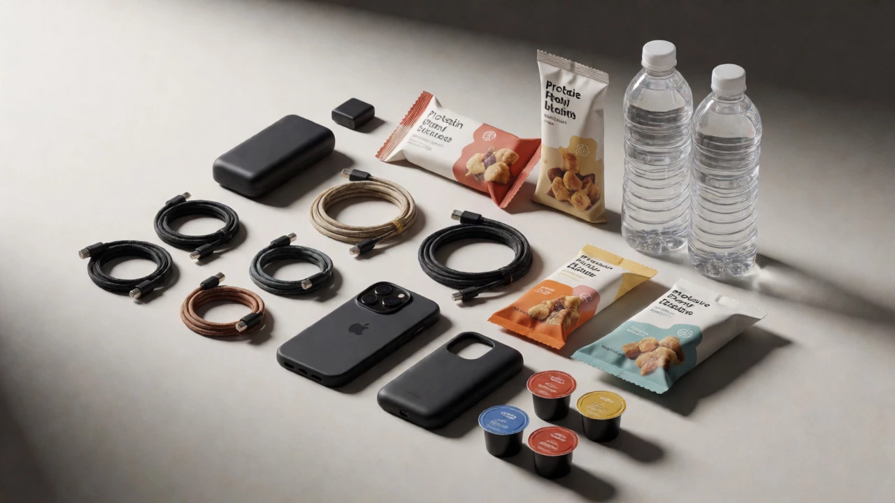 Arrangement of tech accessories, snacks, and beverages representing consumer essentials.