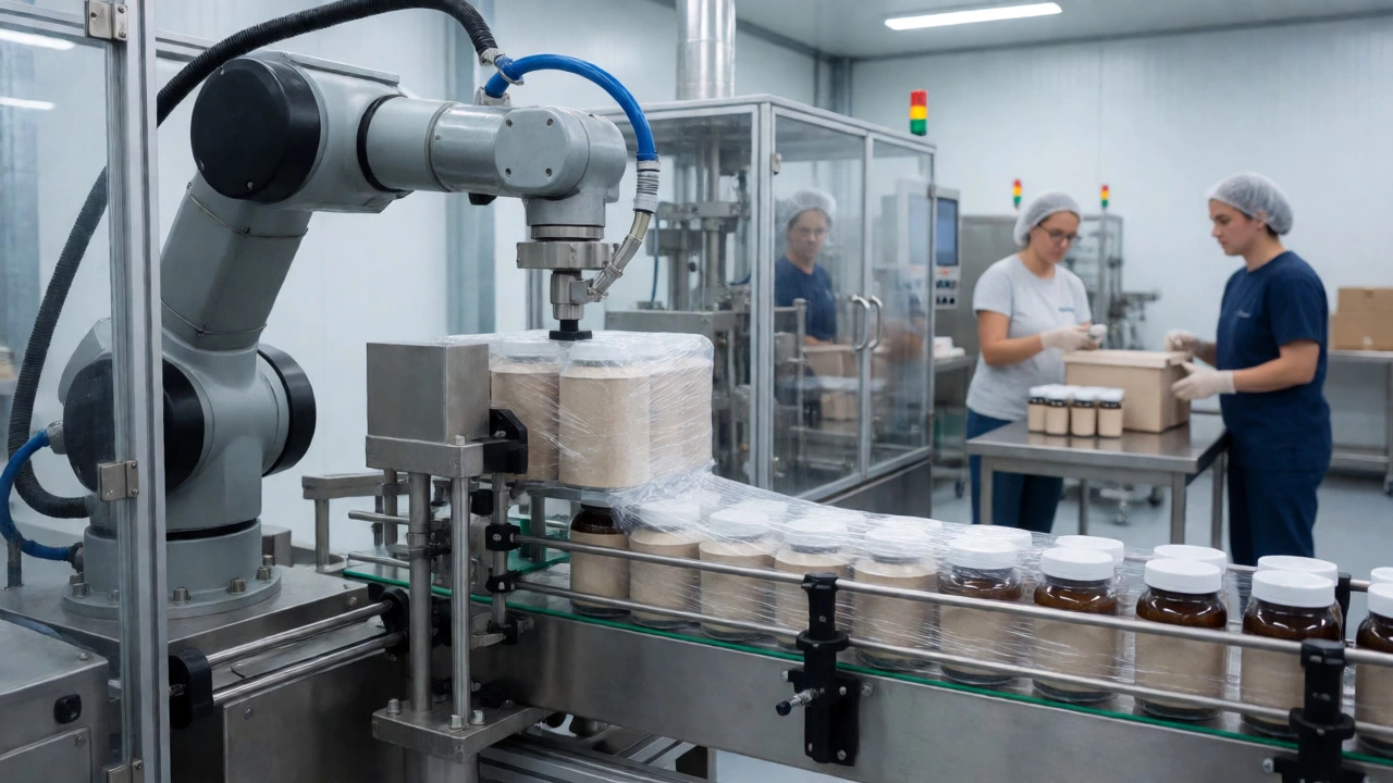 Automated packaging line producing eco-friendly goods in a modern factory setting.