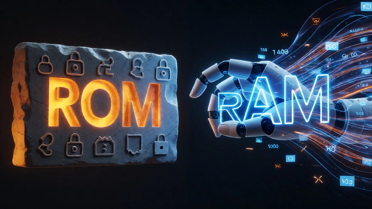 Conceptual art contrasting solid amber ROM blocks with fluid blue RAM data streams.
