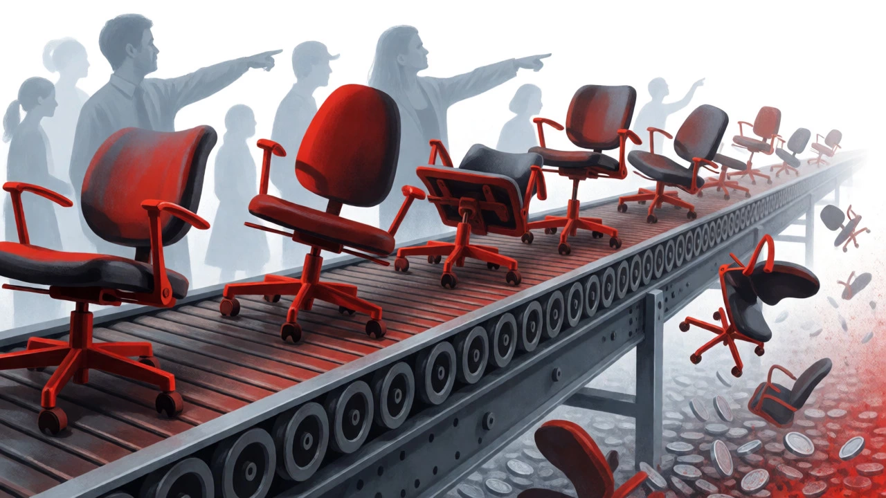 Defective products falling off a fast-moving assembly line in a conceptual illustration.