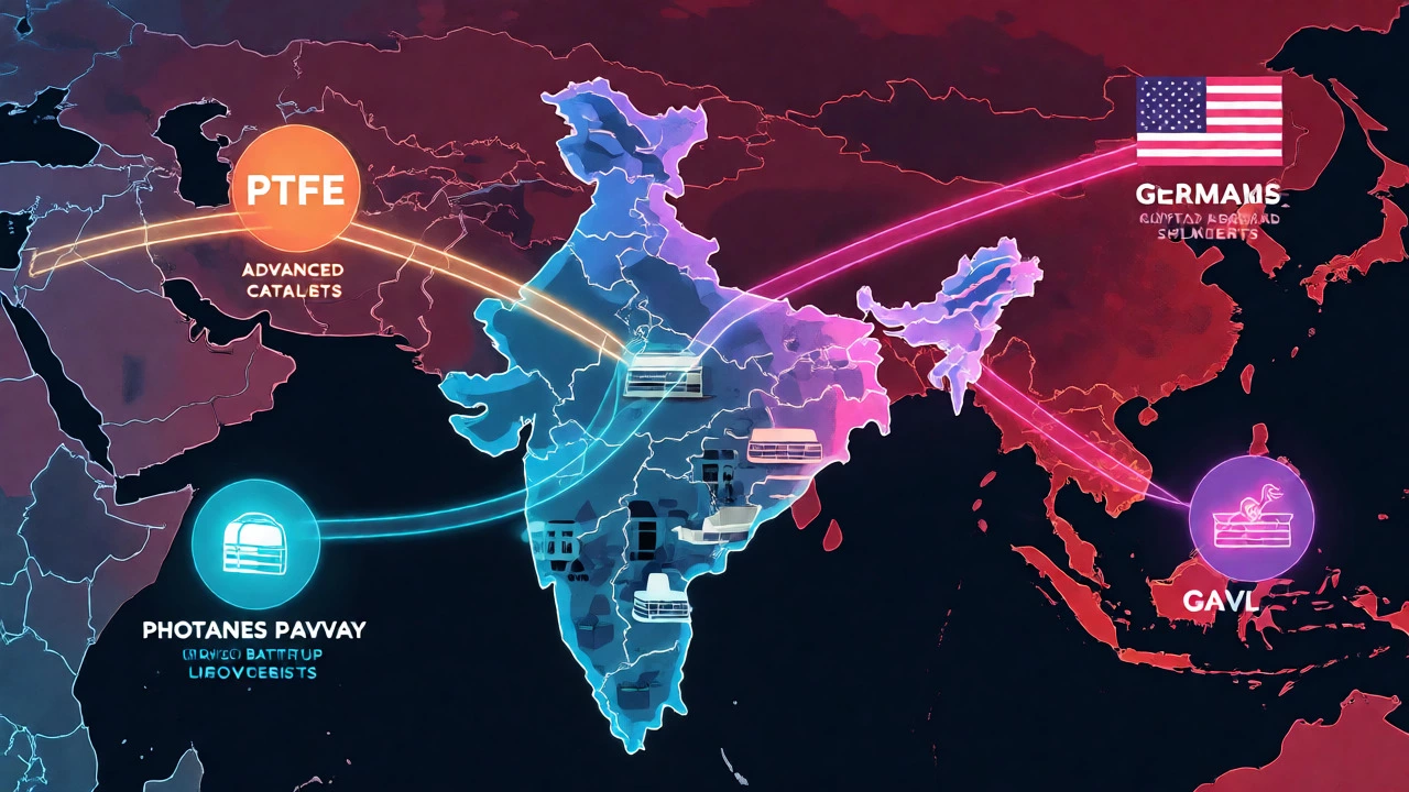 Digital map showing chemical import flows from Japan, Germany, and USA into India's tech sectors.