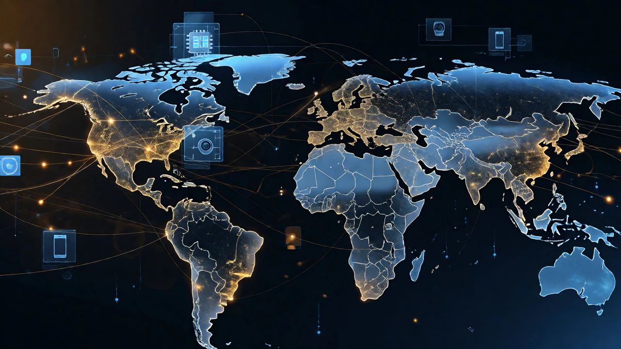 Glowing globe illustrating the global electronics supply chain with connected international hubs.