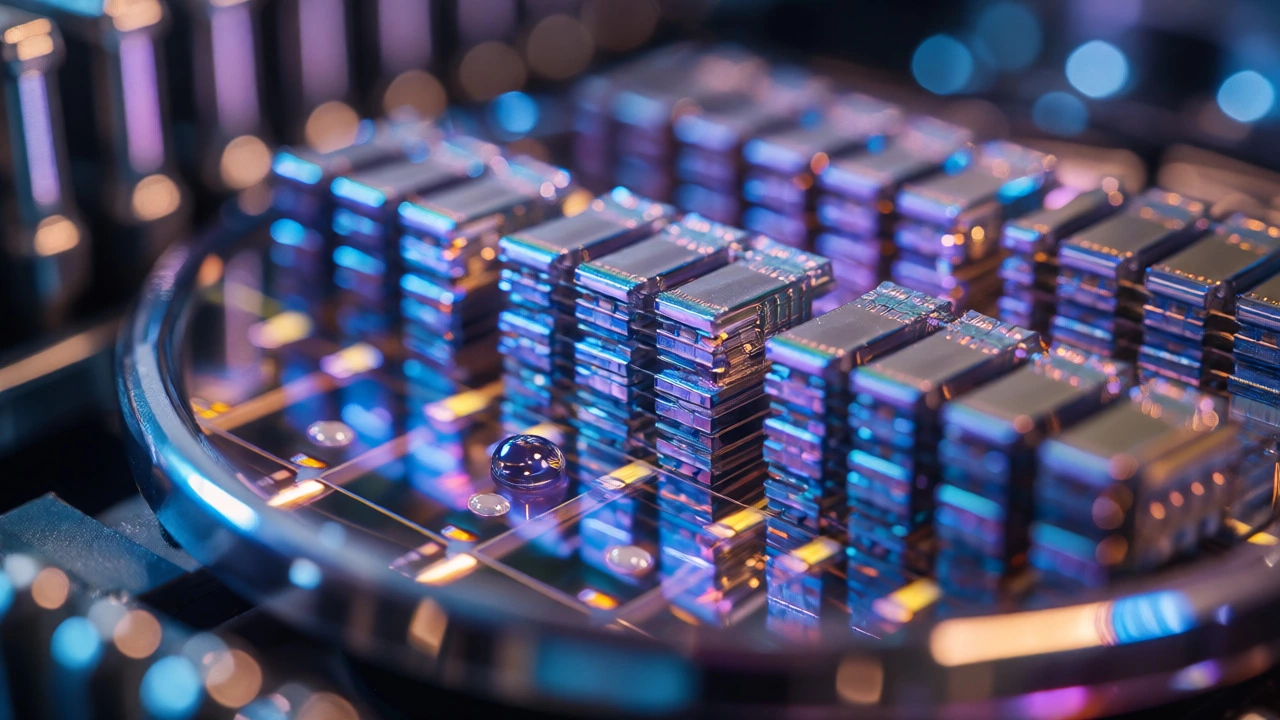 Macro view of a silicon wafer showing intricate transistor patterns and iridescent reflections.