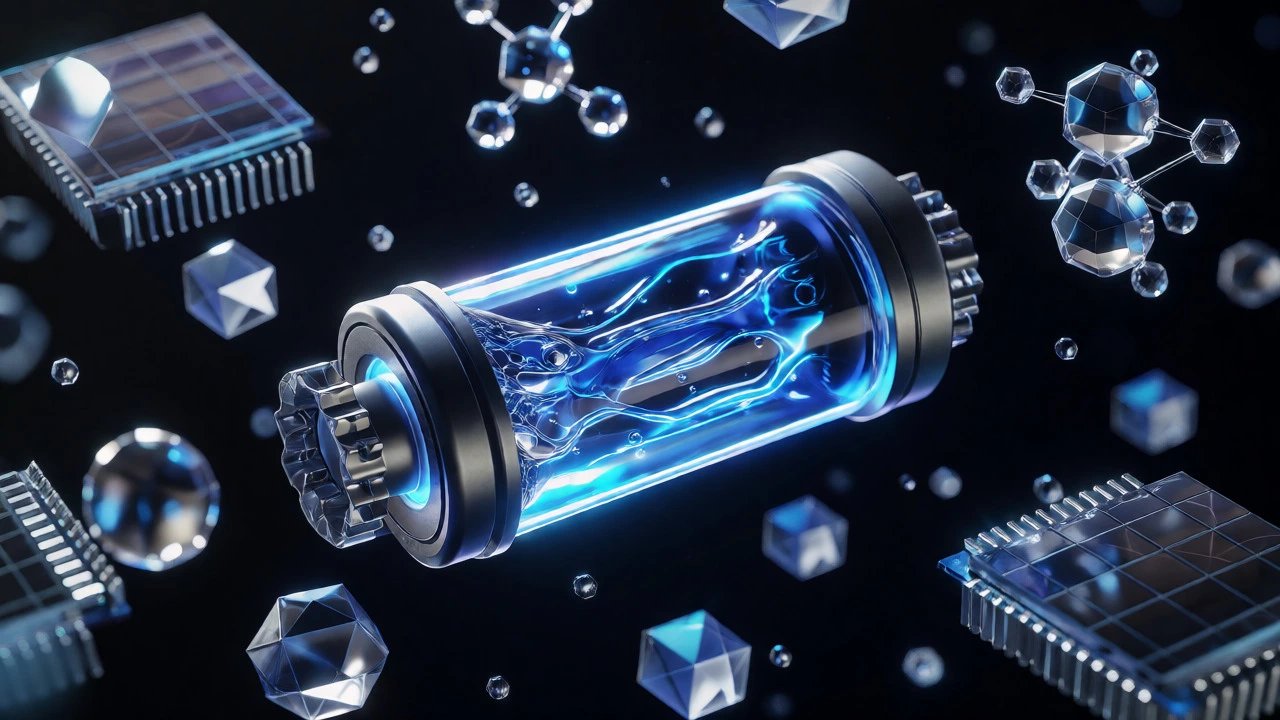 Macro view of glowing battery electrolyte and semiconductor wafers