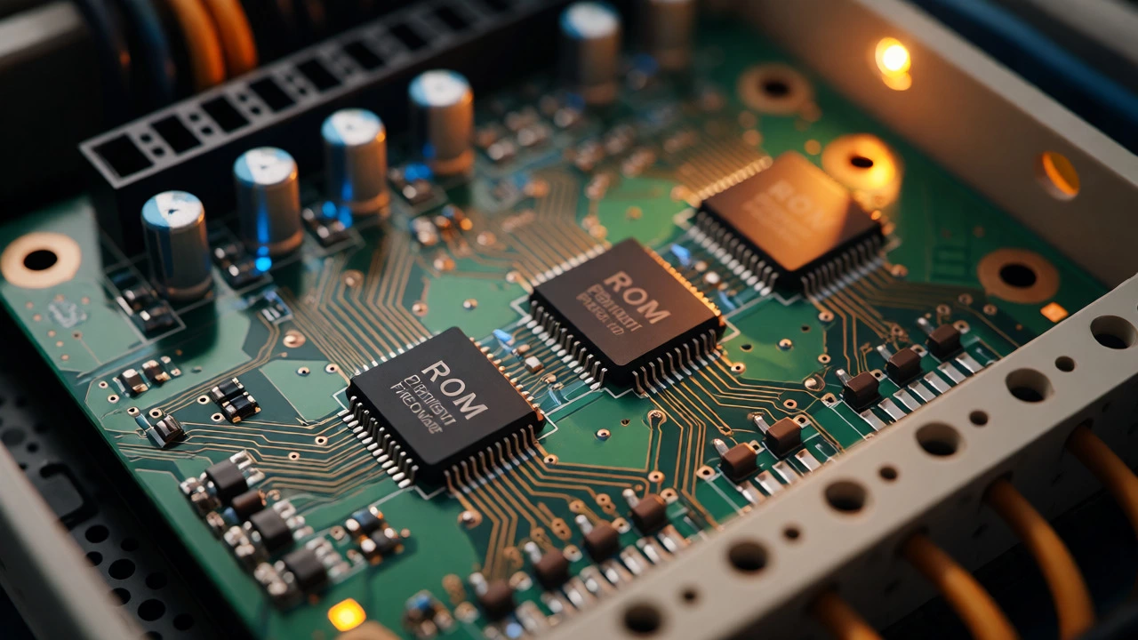 Macro view of PLC circuit board internals highlighting memory chips and electronic components.