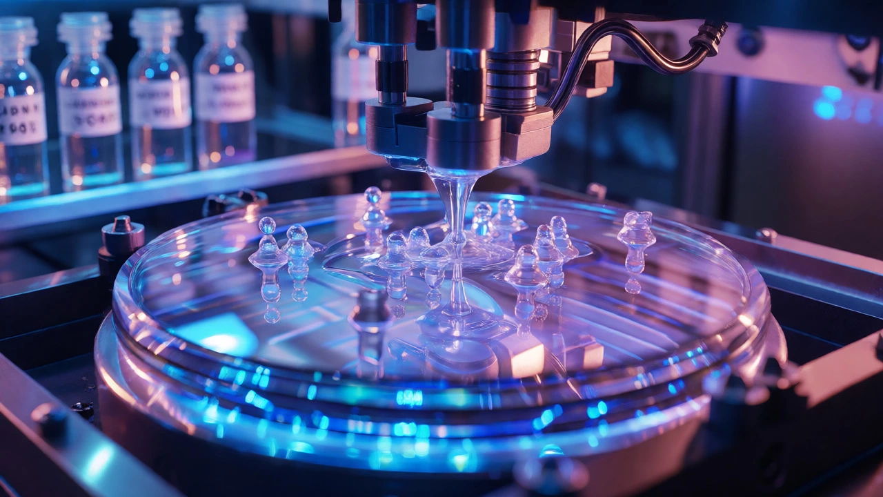 Robotic arm handling silicon wafers in a cleanroom with ultra-pure electronic grade solvents.