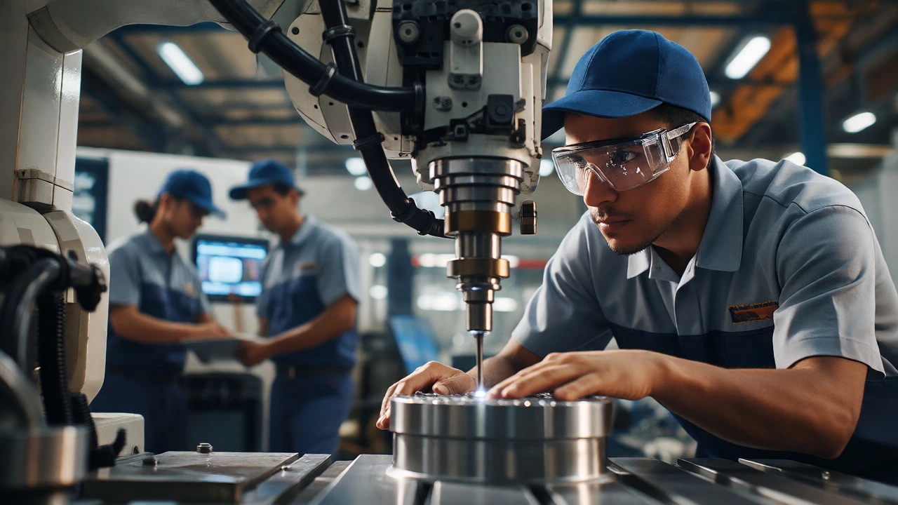 Skilled worker operating advanced robotics in a clean modern factory