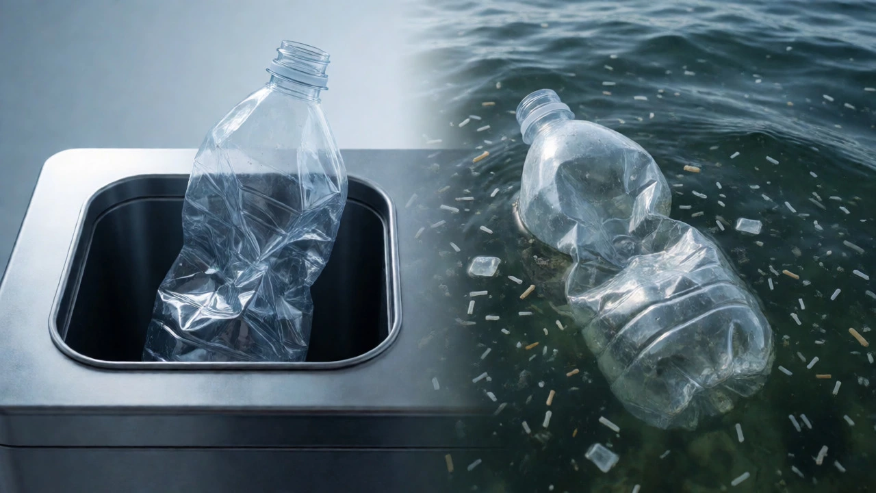 Split view showing a recycled PET bottle and one floating in polluted ocean water.
