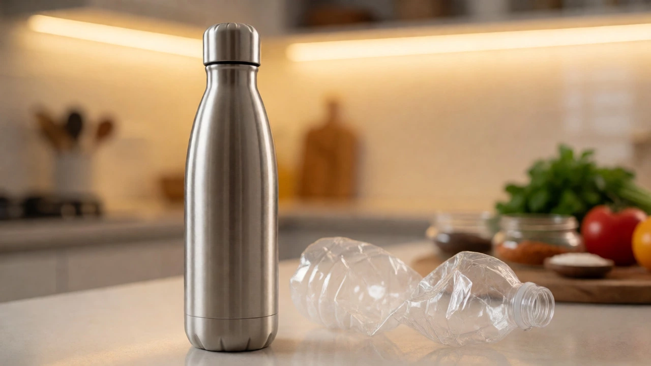 Stainless steel reusable bottle next to a crumpled single-use plastic bottle on a counter.