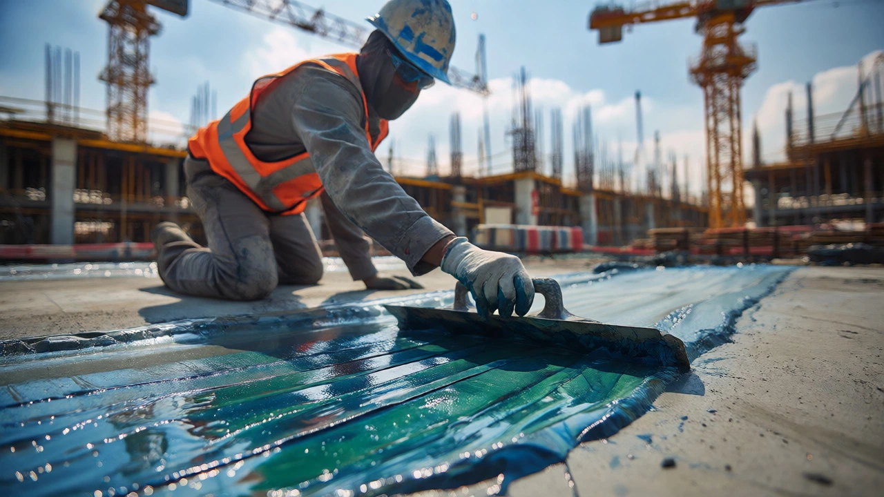 Worker applying blue polymer waterproofing sealant on concrete construction site
