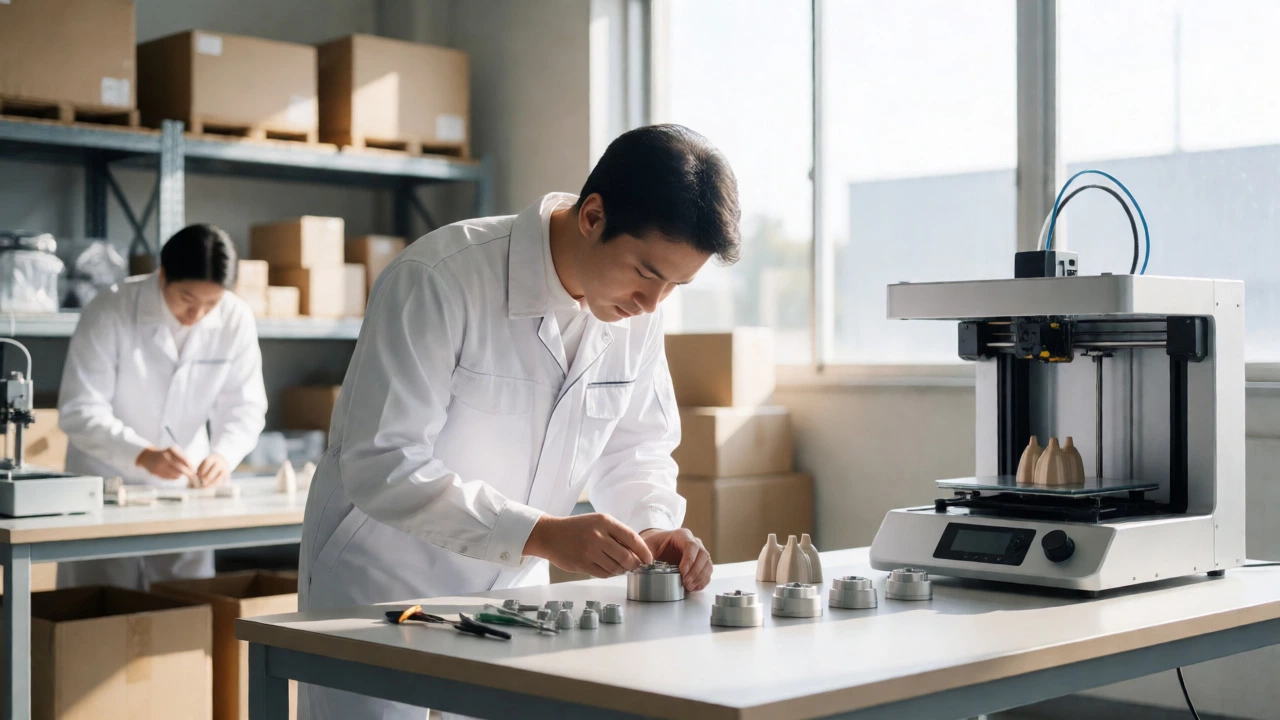 Worker assembling small batches of products in a bright, organized lean factory.