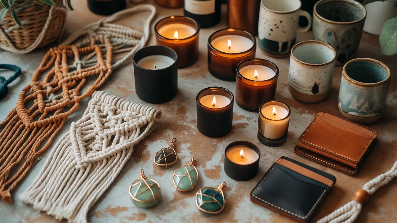 Assorted handmade candles, macramé, and leather goods display