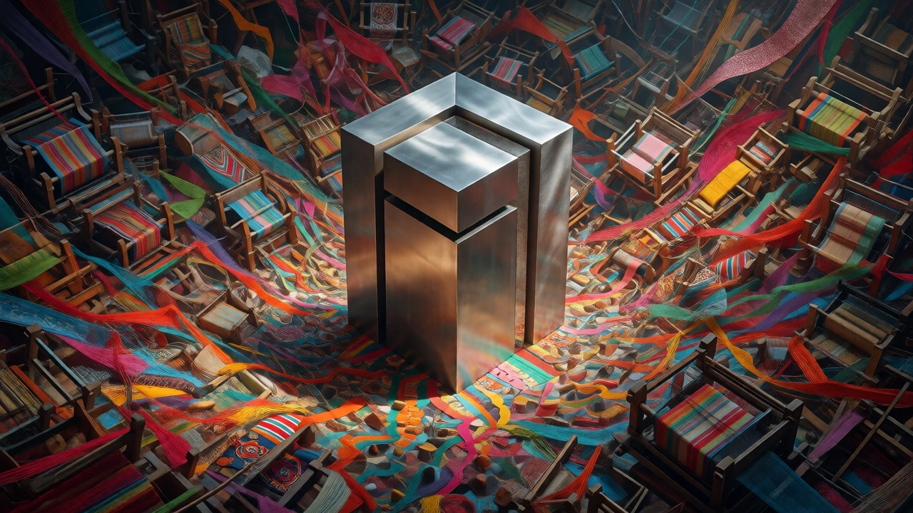 Central industrial pillar surrounded by colorful fragmented textile threads.