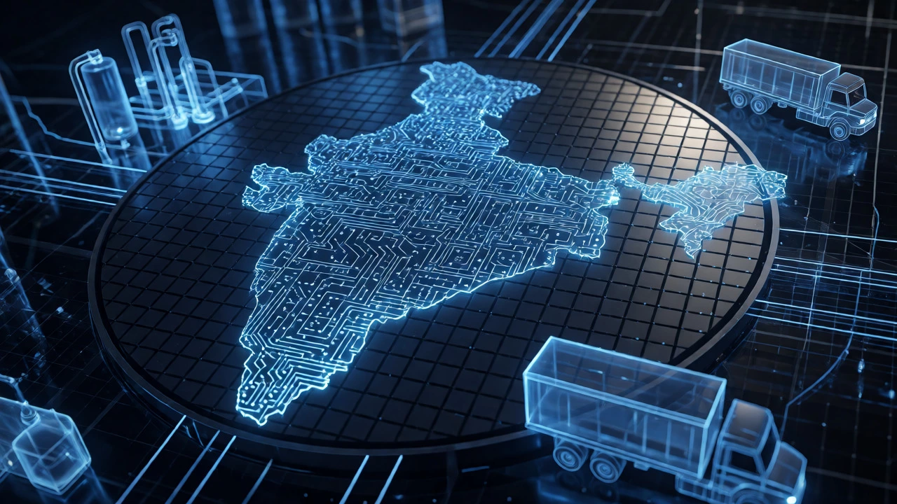 Conceptual art of a silicon wafer integrated with Indian infrastructure
