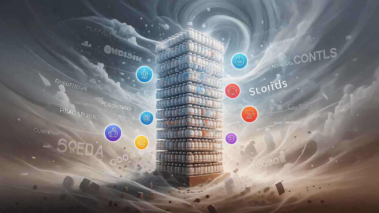 Conceptual art showing a resilient pharma pillar enduring market changes