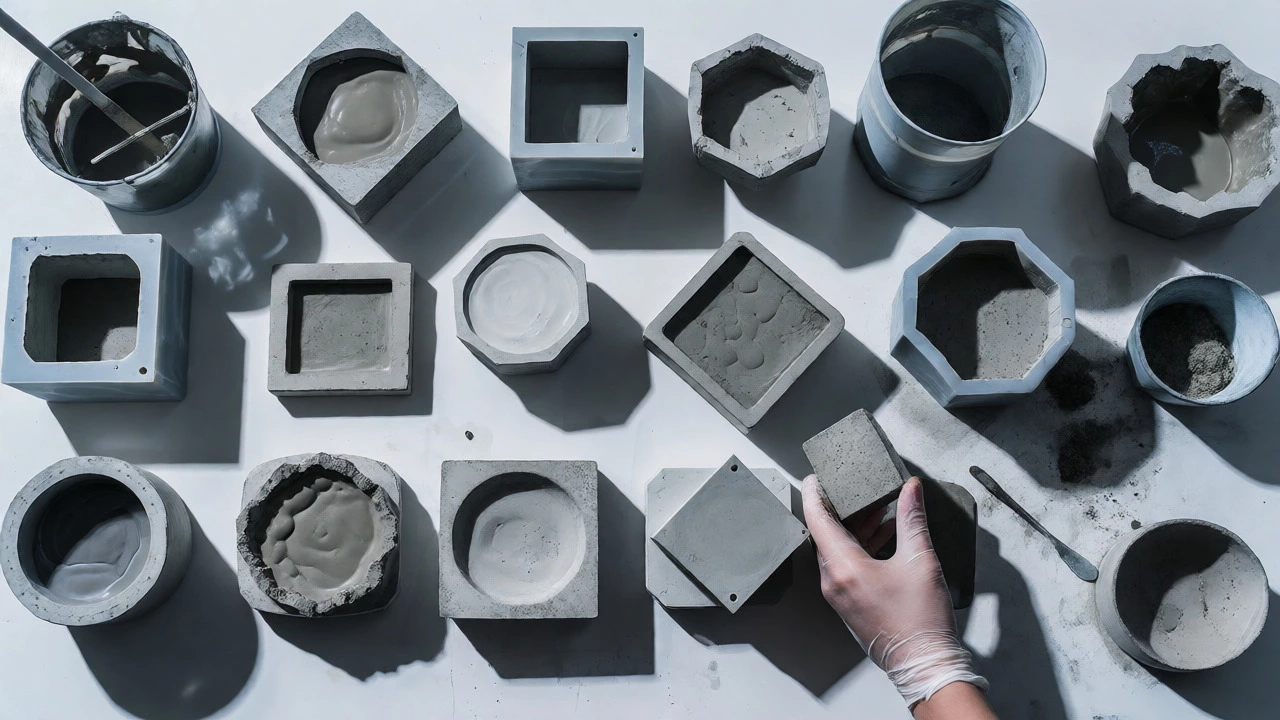 Concrete planters and coasters being made using silicone molds on a workbench