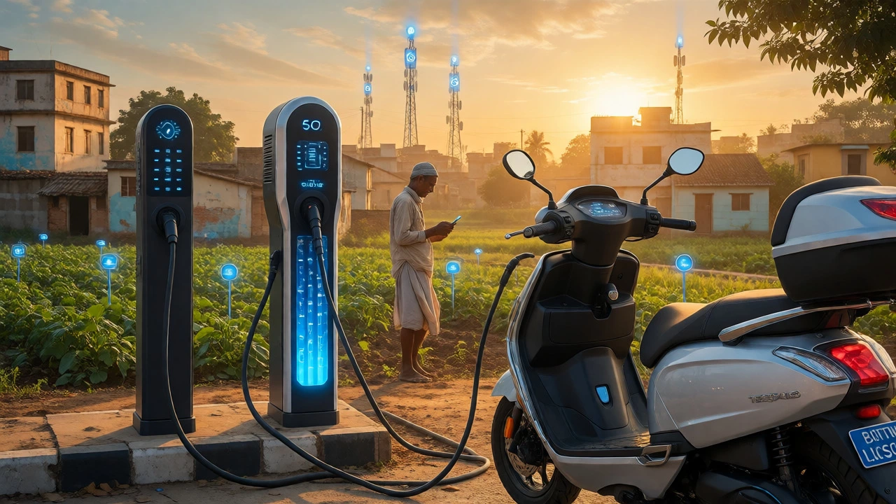 Electric scooter charging near farmers using IoT sensors in rural India