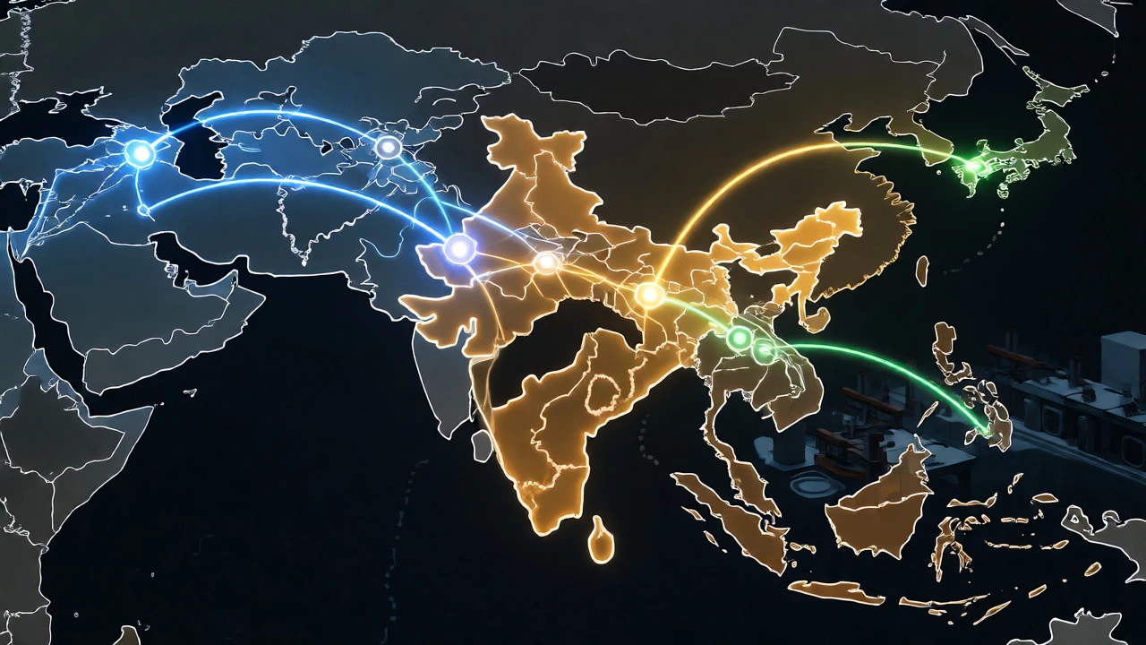 Glowing digital map showing global semiconductor trade routes flowing into India.