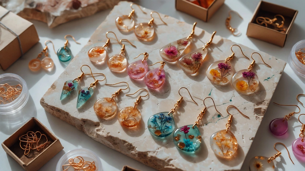 Handmade resin earrings with dried flowers displayed on a stone surface